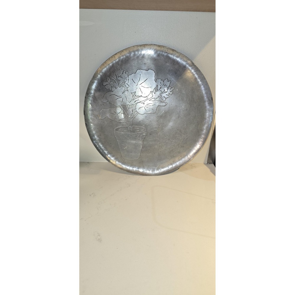 Vintage Hand Hammered Aluminum Tray: Potted Geranium Folk Art 1937